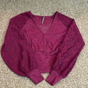 Anthropologie By Anthropologie Lace Balloon Sleeve Faux Wrap Sweater